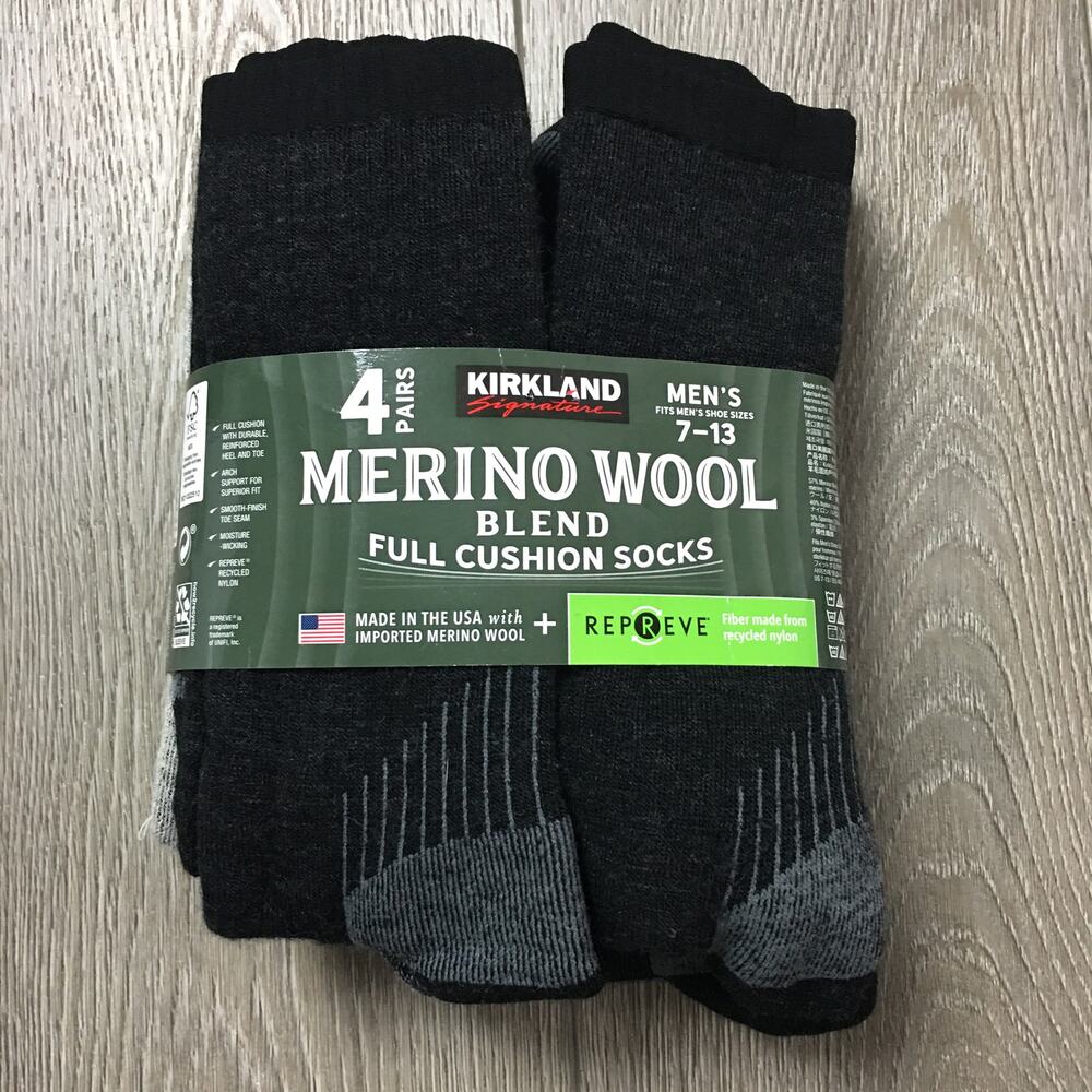 New Kirkland Merino Wool Blend Full Cushion Socks Men size 7-13 4 pairs